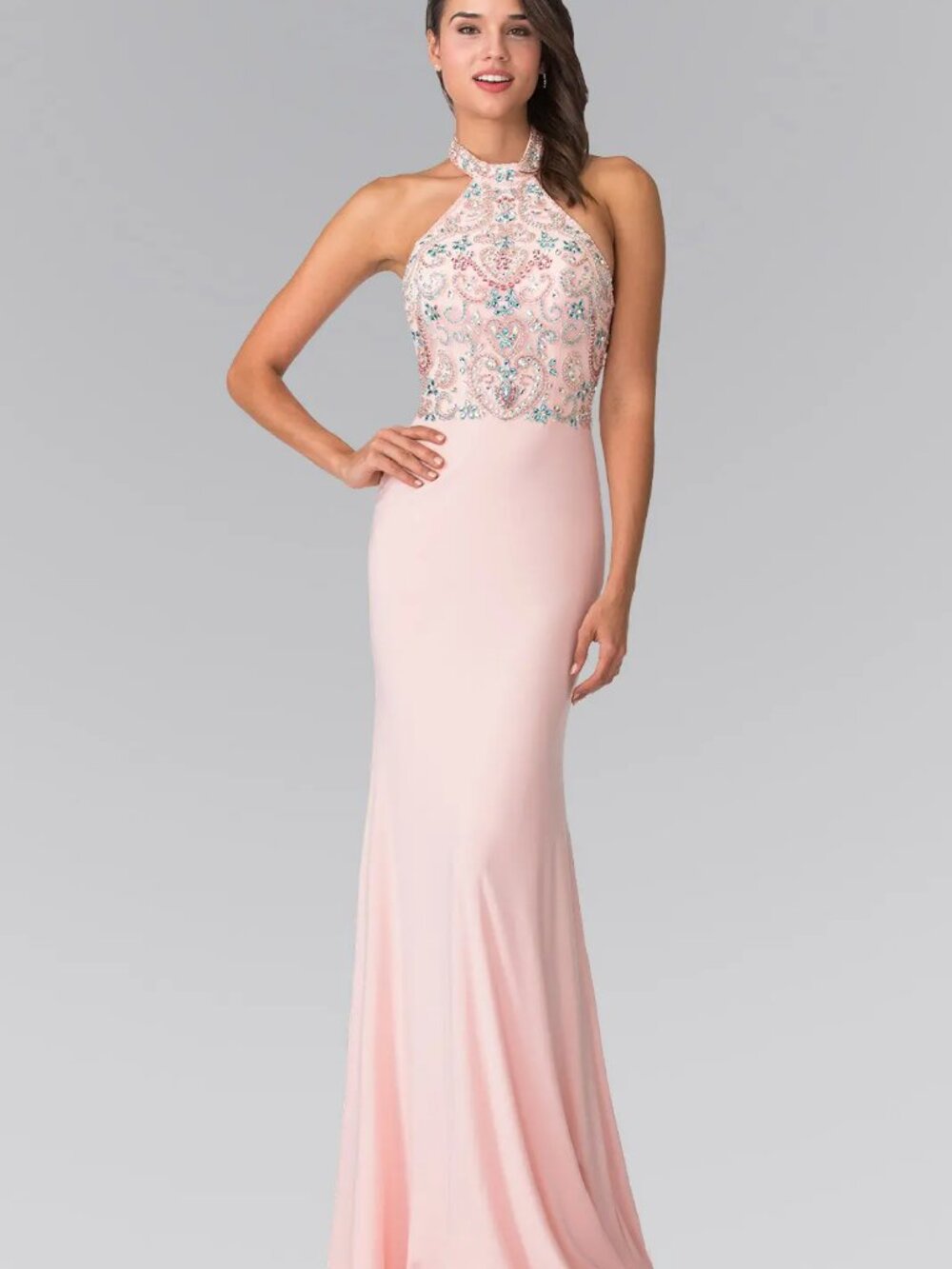 NEW BLUSH Jersey & Sequin Halter Prom Gown Floor Length Embellished GL2279